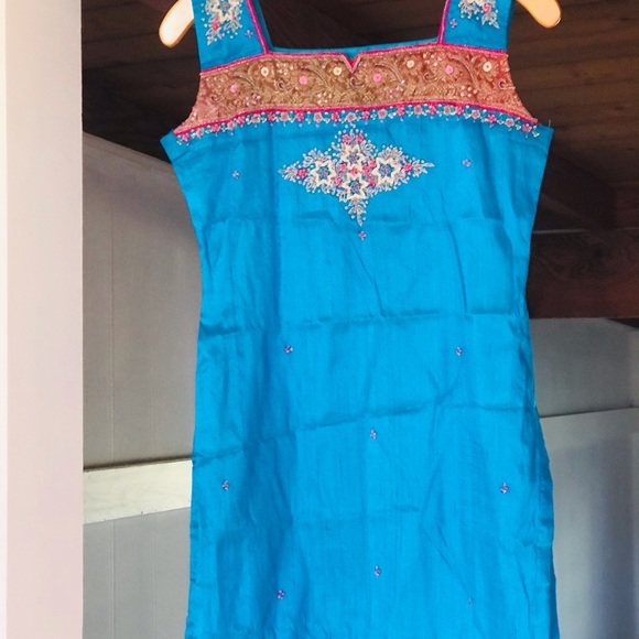 Vintage Heavily Beaded Aqua Turquoise Iridescent Indian Kurta Tunic Gems Dress. - Picture 10 of 13